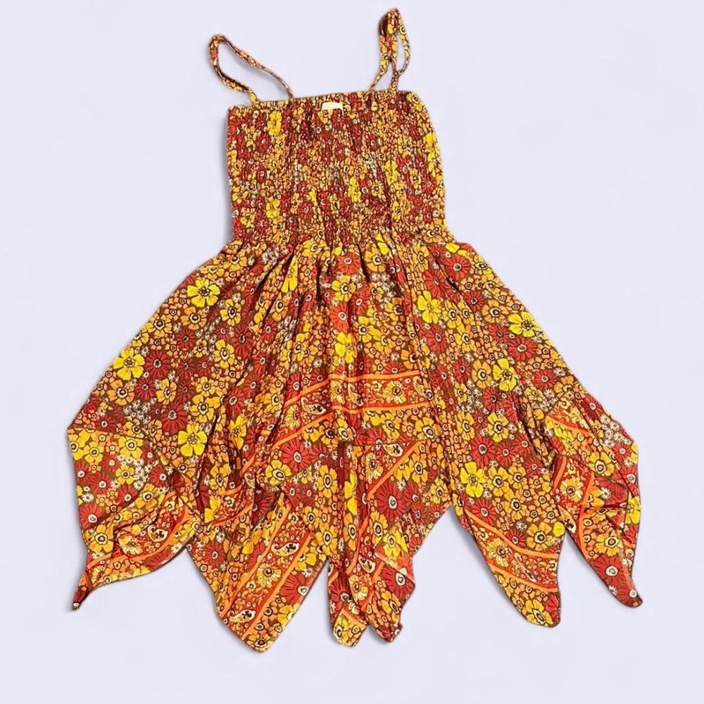 Red and Yellow Mini Dress with Handkerchief Hem